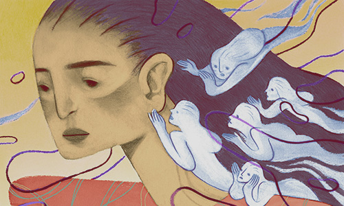 Рисунок женщины, которая слышит голоса